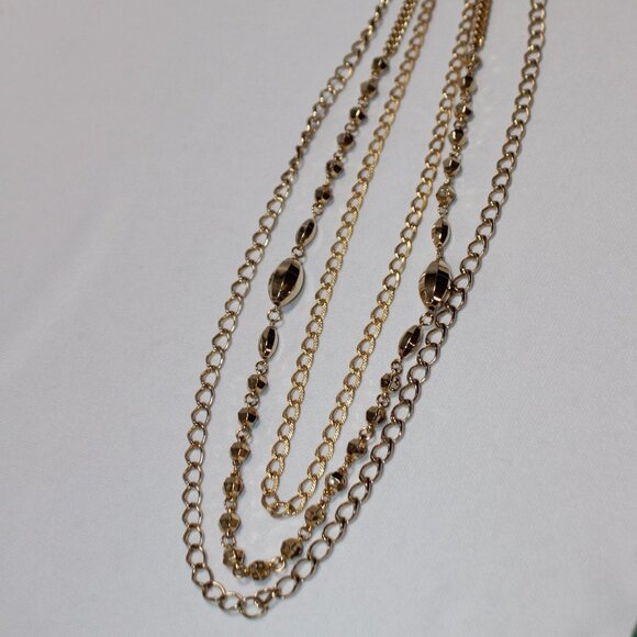 Vintage Gold Tone Tri-Strand Chain and Bead Necklace - Picture 5 of 9